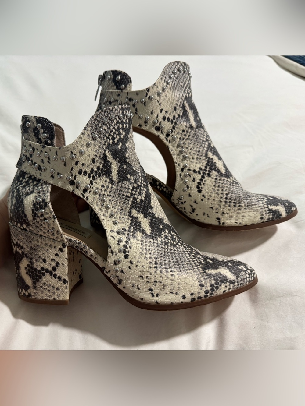 Steve Madden Snake Print Studded Cutout Block Heel Ankle Boots - Black & Cream